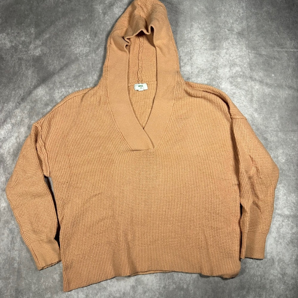 Aerie Peach Waffle Knit Hoodie Sweater Medium Oversized V-Neck Pullover Slouchy